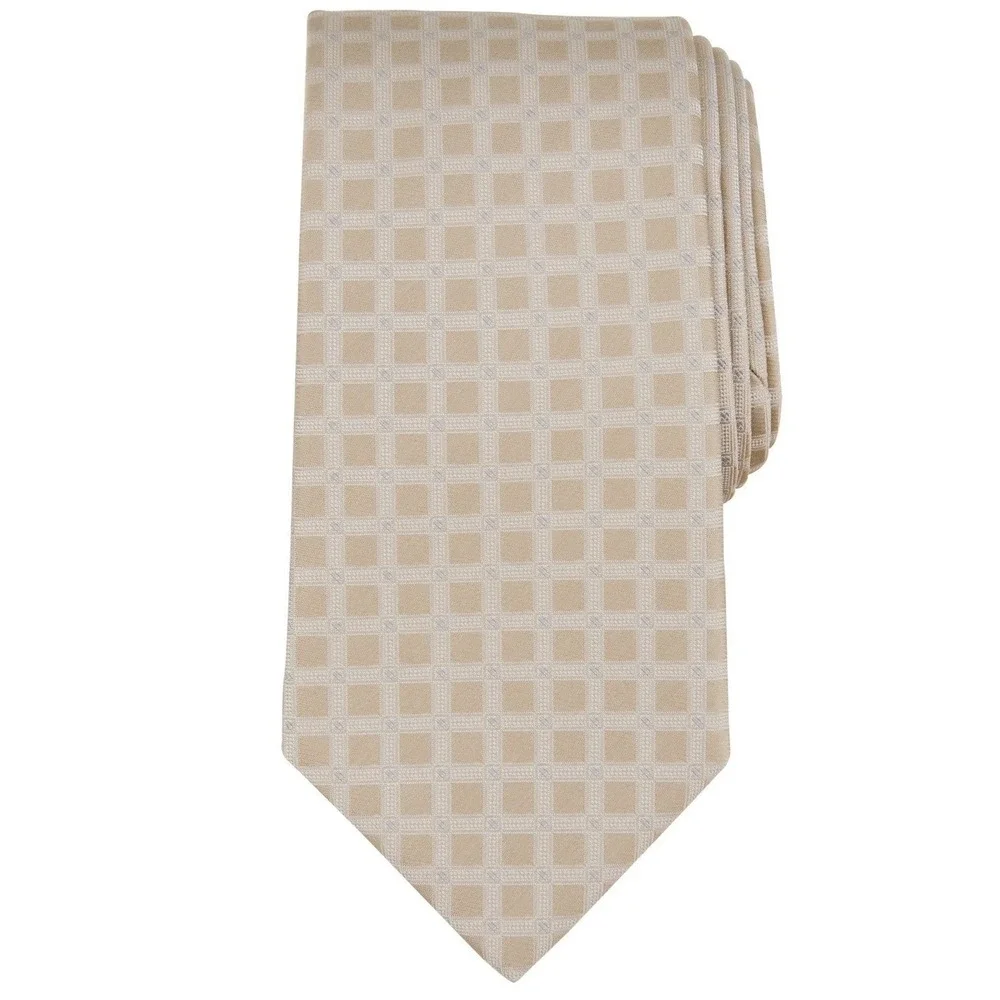 Michael Kors Mens Tie One Size Beige Longboat Grid Silk Blend Necktie NWT